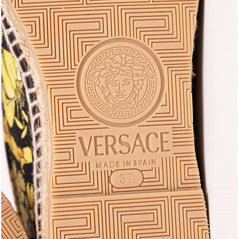 37 NEW $550 VERSACE Black Yellow BAROCCO FLORAL LOGO Espadrille SUMMER FLATS NIB