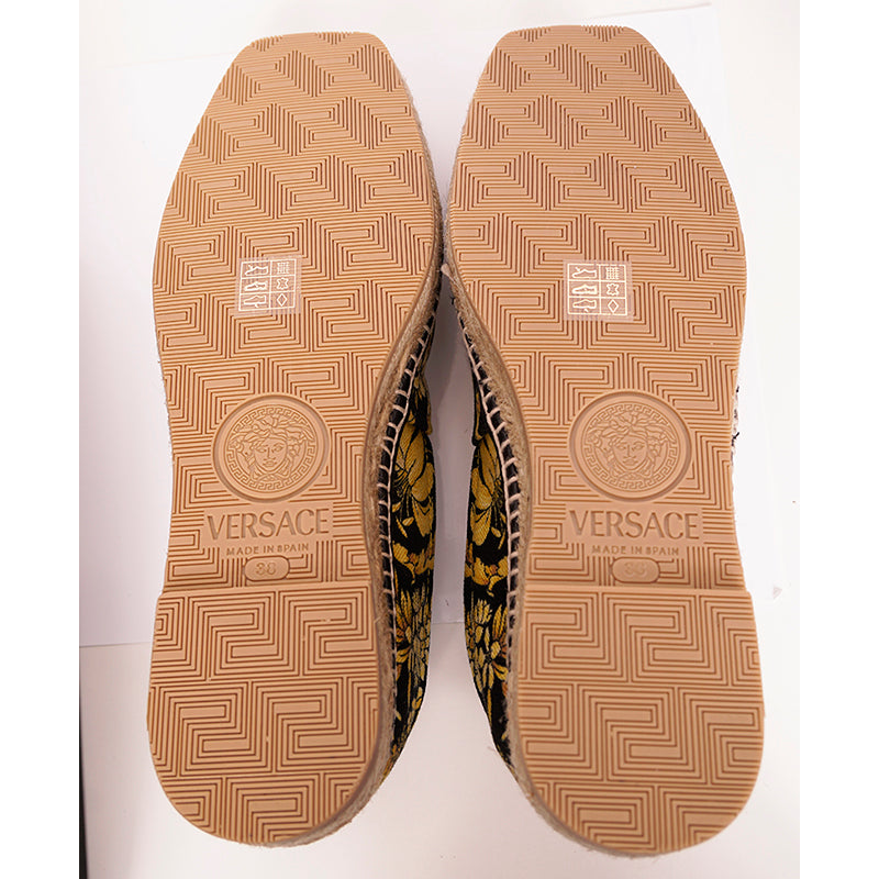 37 NEW $550 VERSACE Black Yellow BAROCCO FLORAL LOGO Espadrille SUMMER FLATS NIB