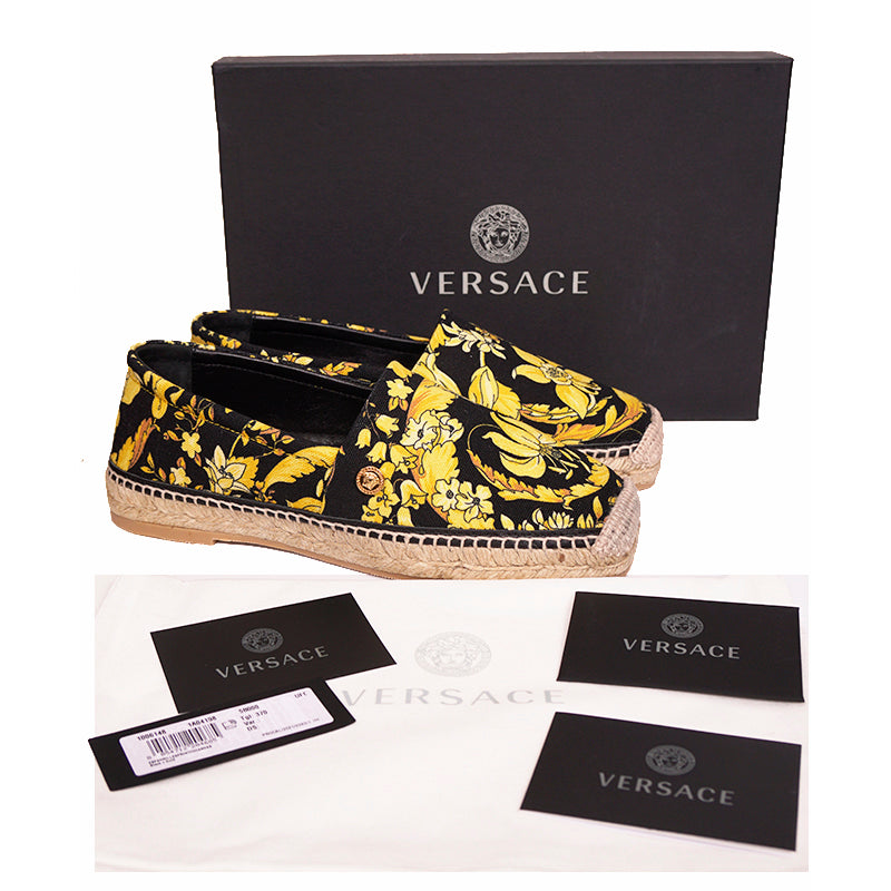 37 NEW $550 VERSACE Black Yellow BAROCCO FLORAL LOGO Espadrille SUMMER FLATS NIB