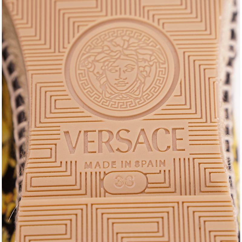 37 NEW $550 VERSACE Black Yellow BAROCCO FLORAL LOGO Espadrille SUMMER FLATS NIB
