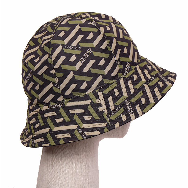 59 L NEW $350 VERSACE Green Black Nylon LA GRECA LOGO REVERSIBLE BUCKET HAT NWT