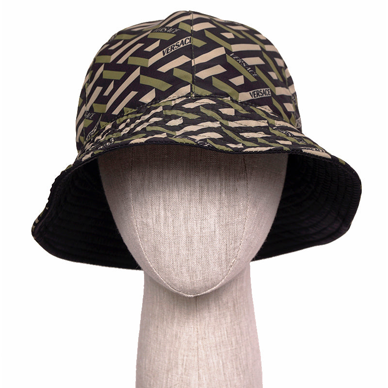 59 L NEW $350 VERSACE Green Black Nylon LA GRECA LOGO REVERSIBLE BUCKET HAT NWT