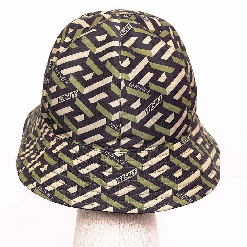 59 L NEW $350 VERSACE Green Black Nylon LA GRECA LOGO REVERSIBLE BUCKET HAT NWT