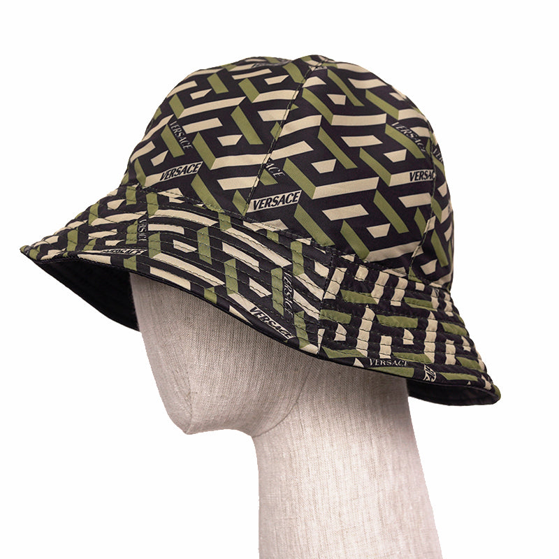 59 L NEW $350 VERSACE Green Black Nylon LA GRECA LOGO REVERSIBLE BUCKET HAT NWT