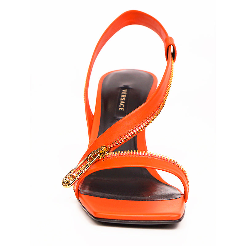 37.5 NEW $1440 VERSACE Runway GOLD LOGO SAFETY PIN Orange-Red Leather 85 SANDALS