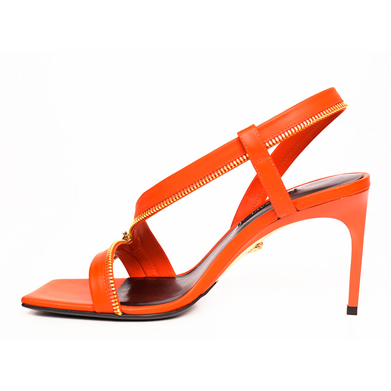 37.5 NEW $1440 VERSACE Runway GOLD LOGO SAFETY PIN Orange-Red Leather 85 SANDALS