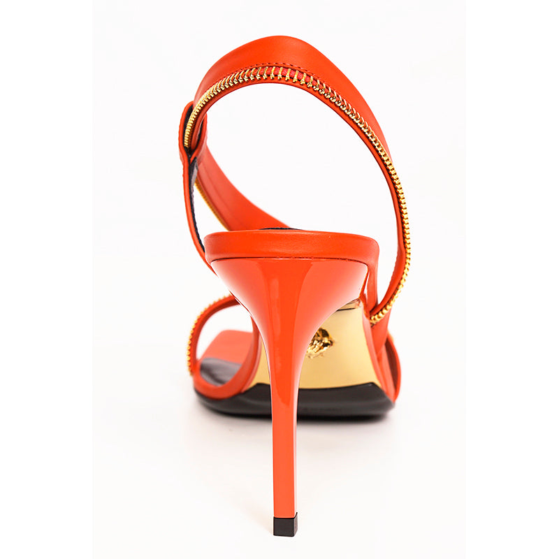 37.5 NEW $1440 VERSACE Runway GOLD LOGO SAFETY PIN Orange-Red Leather 85 SANDALS