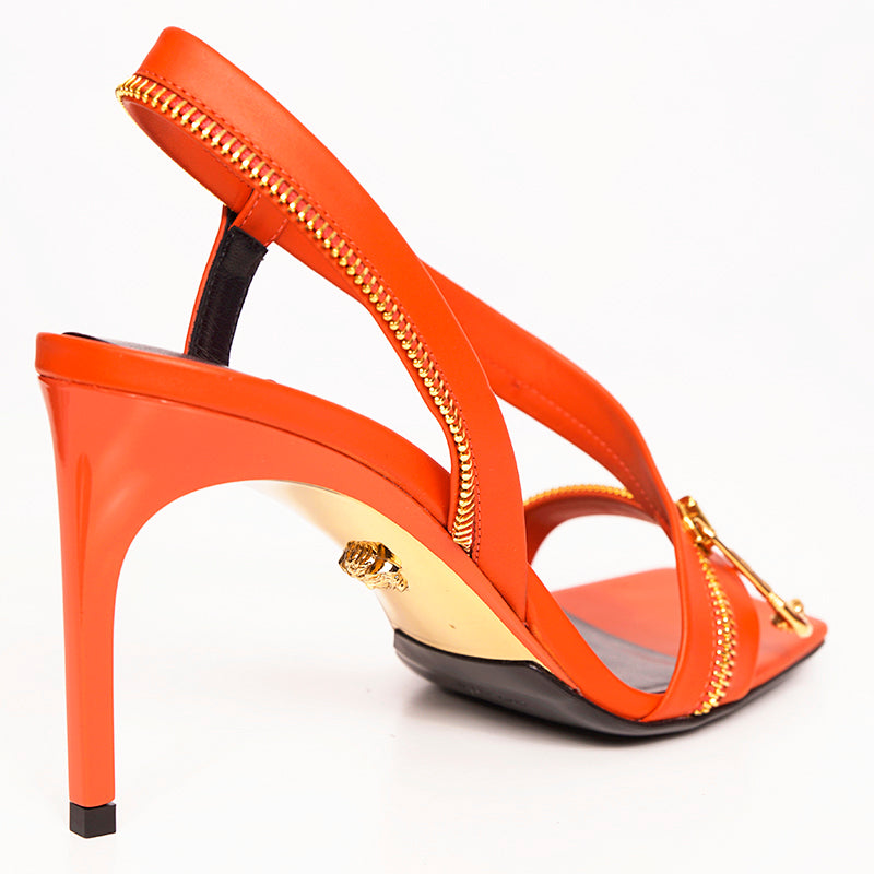 37.5 NEW $1440 VERSACE Runway GOLD LOGO SAFETY PIN Orange-Red Leather 85 SANDALS