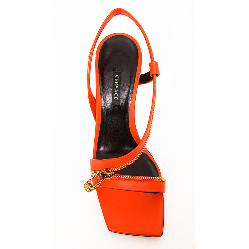 37.5 NEW $1440 VERSACE Runway GOLD LOGO SAFETY PIN Orange-Red Leather 85 SANDALS