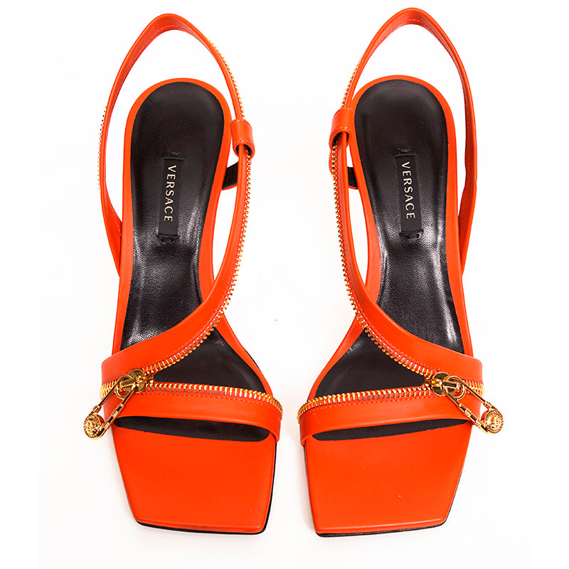 37.5 NEW $1440 VERSACE Runway GOLD LOGO SAFETY PIN Orange-Red Leather 85 SANDALS