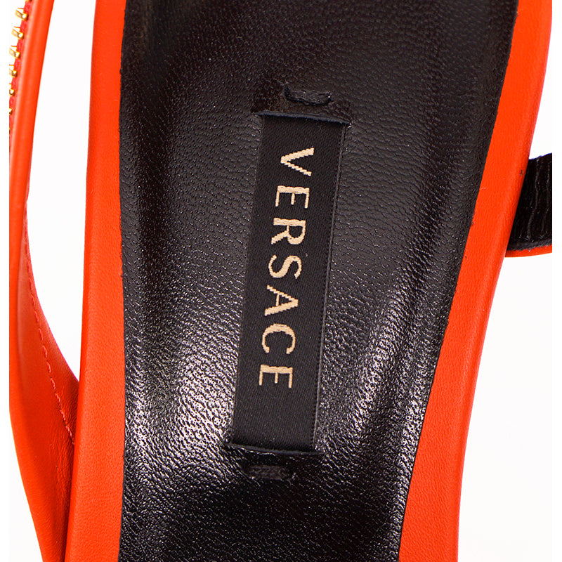 37.5 NEW $1440 VERSACE Runway GOLD LOGO SAFETY PIN Orange-Red Leather 85 SANDALS