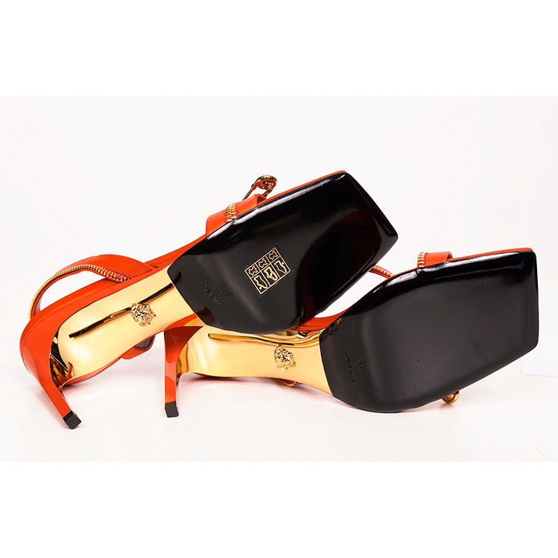 37.5 NEW $1440 VERSACE Runway GOLD LOGO SAFETY PIN Orange-Red Leather 85 SANDALS
