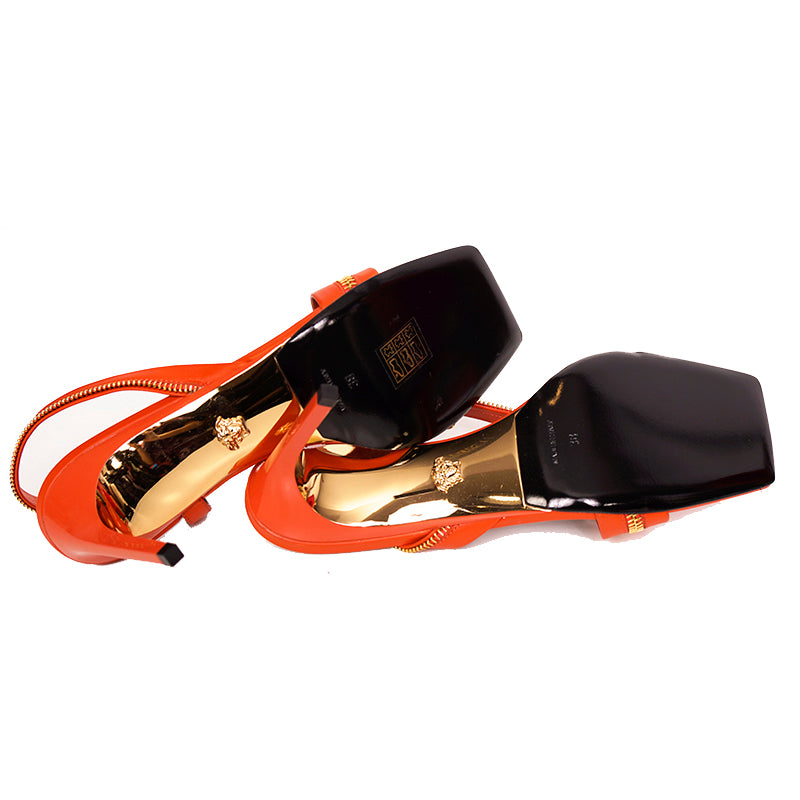 37.5 NEW $1440 VERSACE Runway GOLD LOGO SAFETY PIN Orange-Red Leather 85 SANDALS