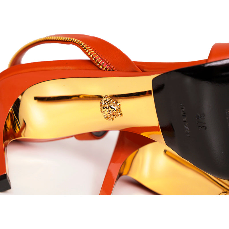 37.5 NEW $1440 VERSACE Runway GOLD LOGO SAFETY PIN Orange-Red Leather 85 SANDALS