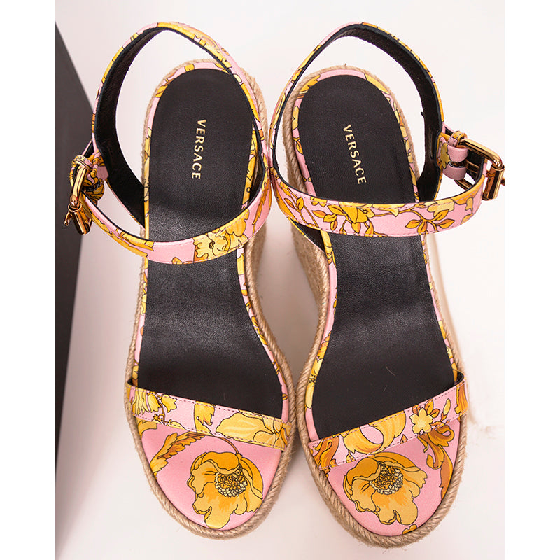 Sz 38 NEW $900 VERSACE Pink Floral Print Leather ESPADRILLE WEDGE Heels SANDALS