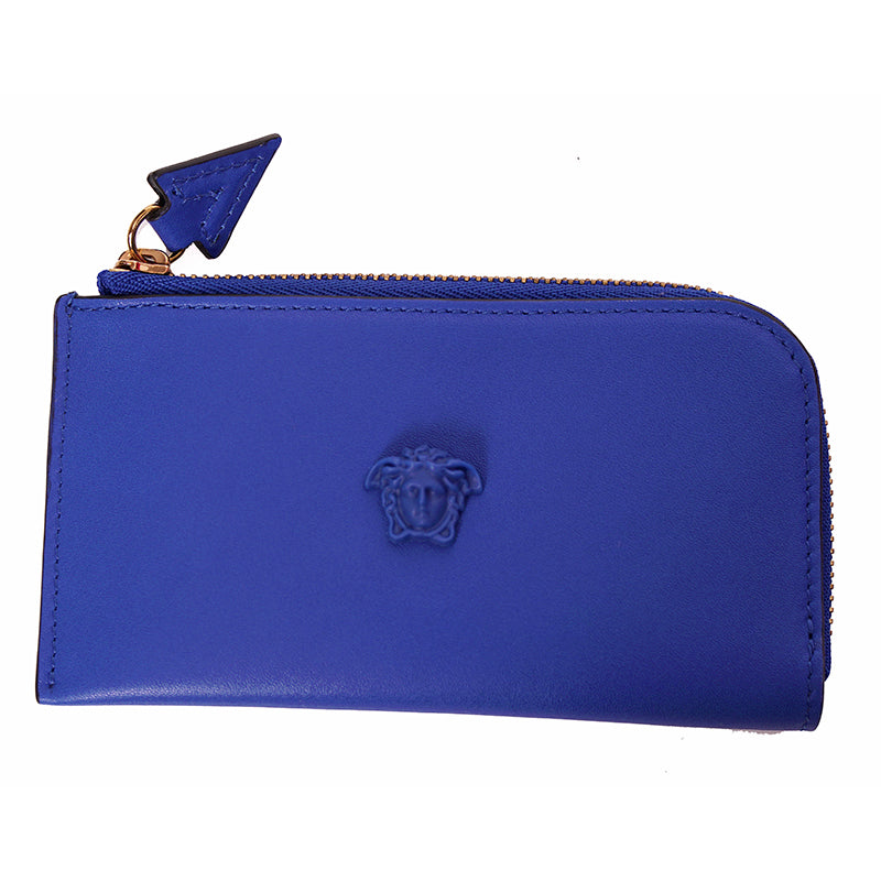 NEW $375 VERSACE Blue Leather LA MEDUSA LOGO Zipper CARD HOLDER CASE WALLET NIB