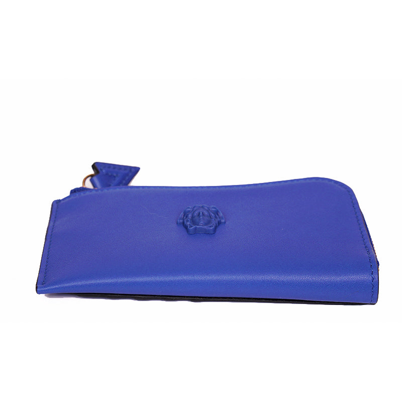 NEW $375 VERSACE Blue Leather LA MEDUSA LOGO Zipper CARD HOLDER CASE WALLET NIB