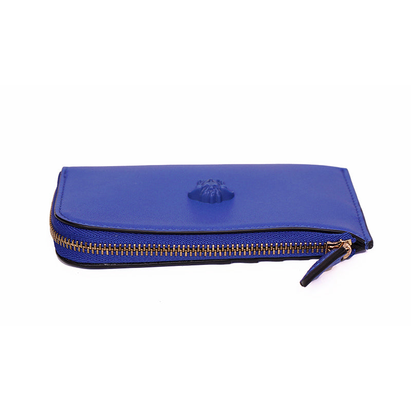 NEW $375 VERSACE Blue Leather LA MEDUSA LOGO Zipper CARD HOLDER CASE WALLET NIB