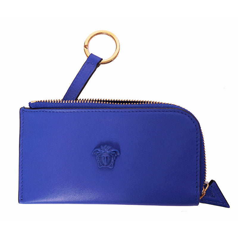 NEW $375 VERSACE Blue Leather LA MEDUSA LOGO Zipper CARD HOLDER CASE WALLET NIB