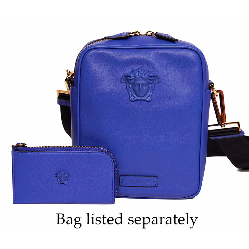 NEW $375 VERSACE Blue Leather LA MEDUSA LOGO Zipper CARD HOLDER CASE WALLET NIB