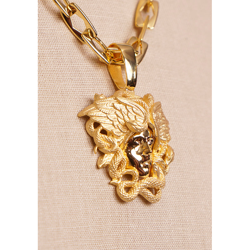 NEW $790 VERSACE Warm Gold Tone MEDUSA WINGED SERPENT Pendant Link NECKLACE NIB