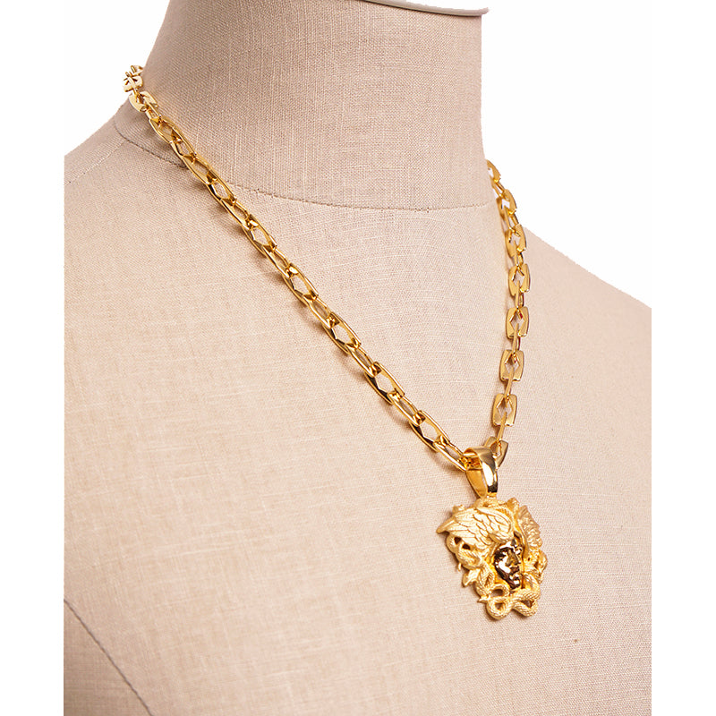 NEW $790 VERSACE Warm Gold Tone MEDUSA WINGED SERPENT Pendant Link NECKLACE NIB