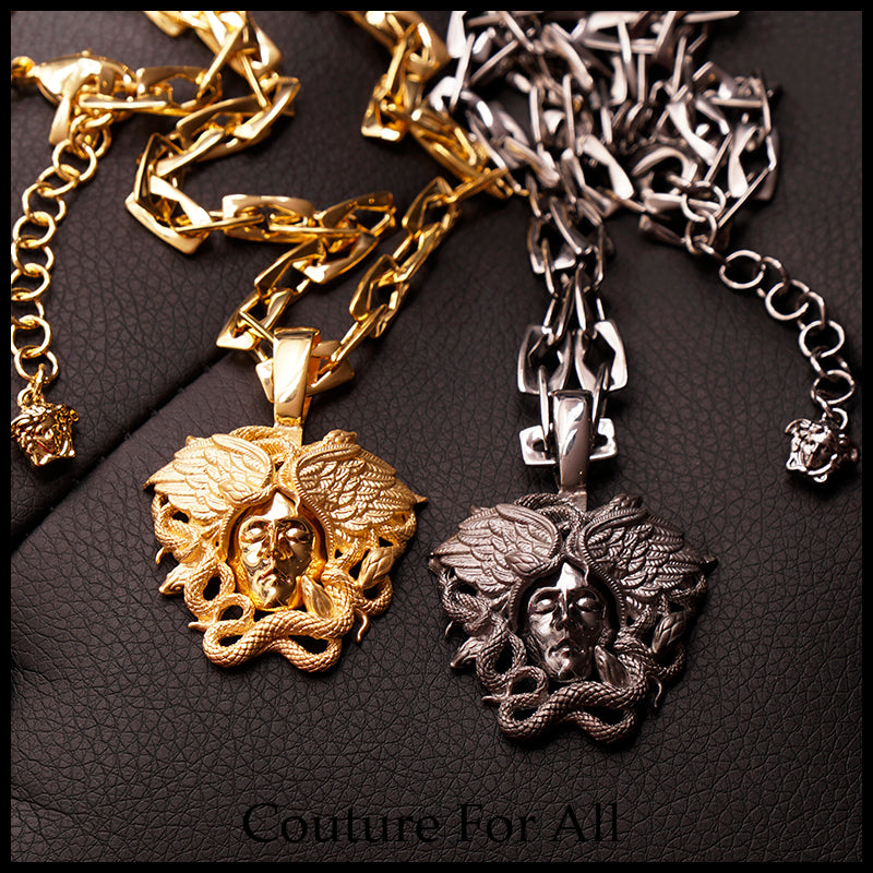 NEW $790 VERSACE Silver Tone MEDUSA WINGED SERPENT Pendant Link NECKLACE NIB