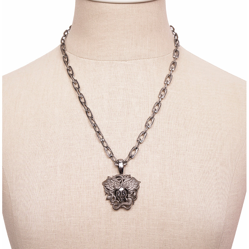 NEW $790 VERSACE Silver Tone MEDUSA WINGED SERPENT Pendant Link NECKLACE NIB