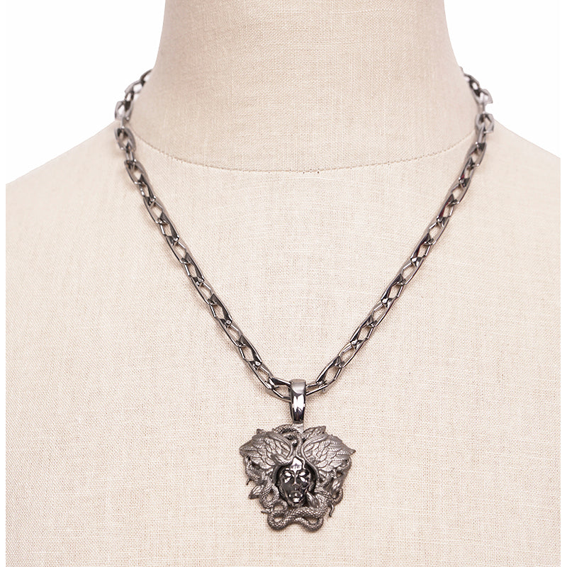 NEW $790 VERSACE Silver Tone MEDUSA WINGED SERPENT Pendant Link NECKLACE NIB