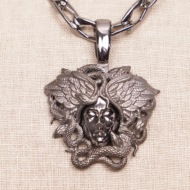 NEW $790 VERSACE Silver Tone MEDUSA WINGED SERPENT Pendant Link NECKLACE NIB