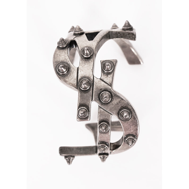NEW $1,495 SAINT LAURENT Women’s AGED SILVER Brass Spikes Monogram Cuff BRACELET