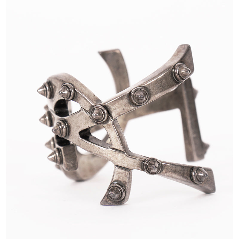 NEW $1,495 SAINT LAURENT Women’s AGED SILVER Brass Spikes Monogram Cuff BRACELET