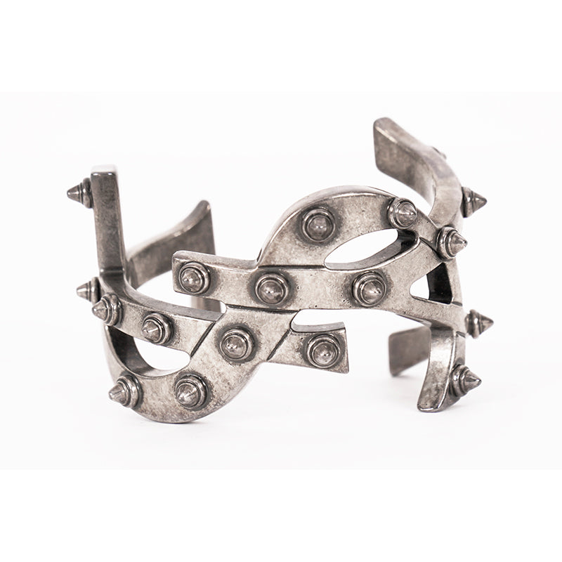 NEW $1,495 SAINT LAURENT Women’s AGED SILVER Brass Spikes Monogram Cuff BRACELET