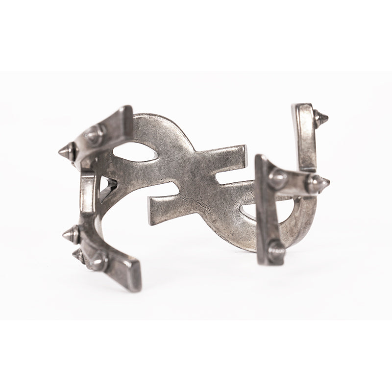 NEW $1,495 SAINT LAURENT Women’s AGED SILVER Brass Spikes Monogram Cuff BRACELET