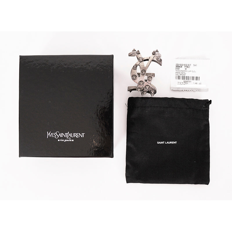 NEW $1,495 SAINT LAURENT Women’s AGED SILVER Brass Spikes Monogram Cuff BRACELET