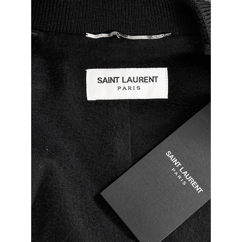 SZ 48 NEW $2,675 SAINT LAURENT Men's Black Satin FLAMINGO Bomber TEDDY JACKET