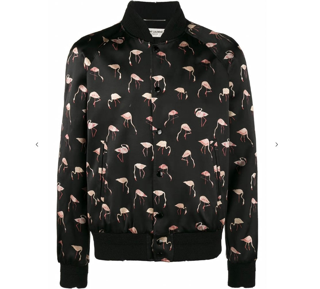 SZ 48 NEW $2,675 SAINT LAURENT Men's Black Satin FLAMINGO Bomber TEDDY JACKET