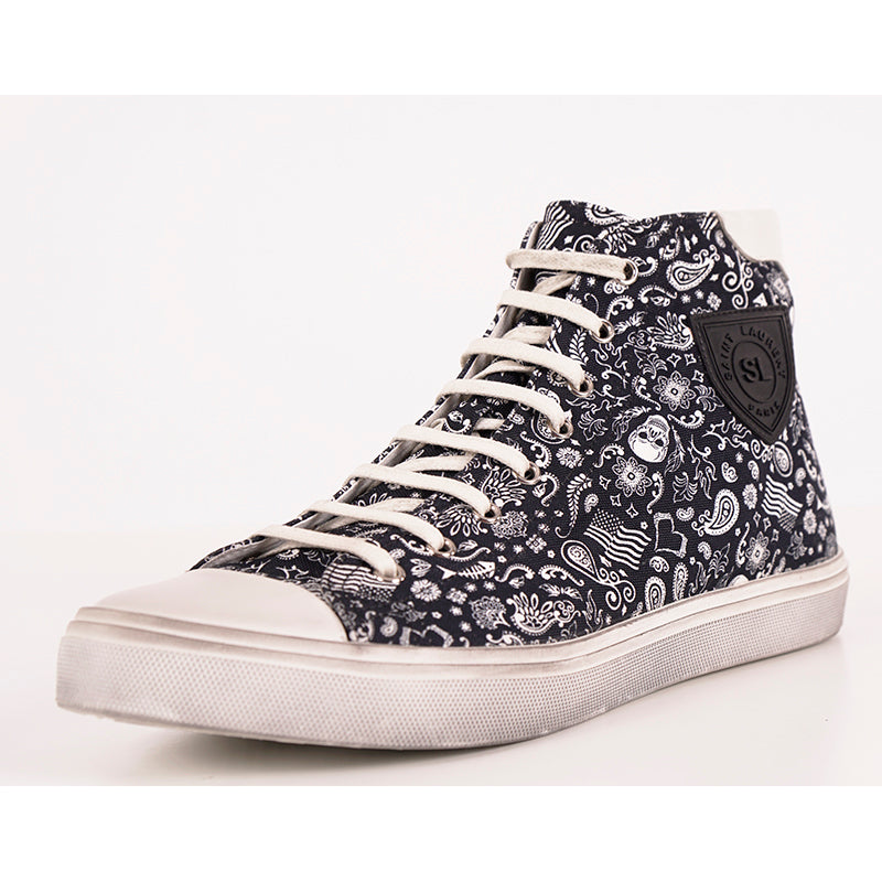 43.5 US 10.5 NEW $695 SAINT LAURENT Skull Tattoo Canvas BEDFORD HIGHTOP SNEAKERS