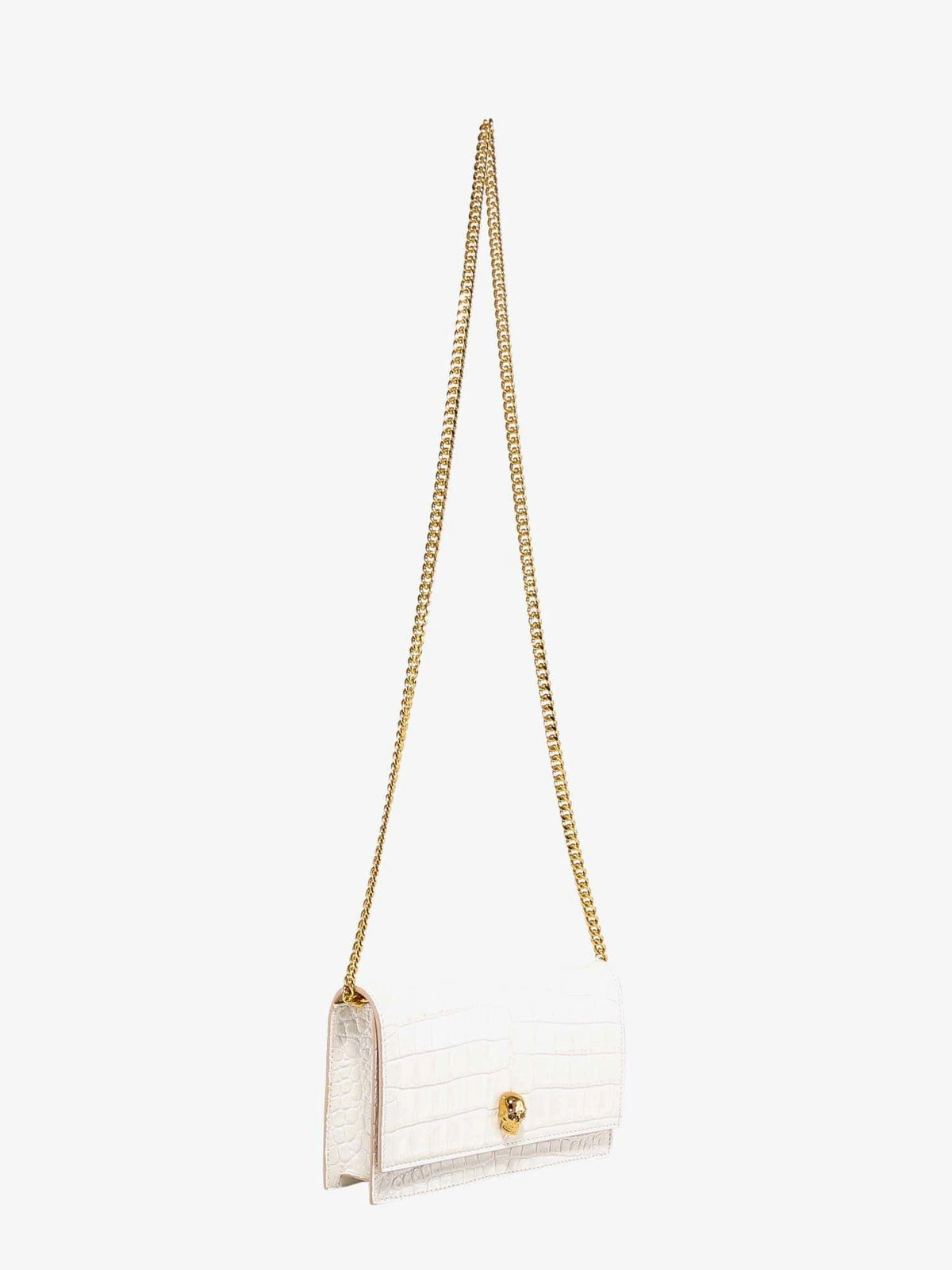 NEW $990 ALEXANDER MCQUEEN Ivory White CROC EMBOSSED Leather SKULL Chain BAG