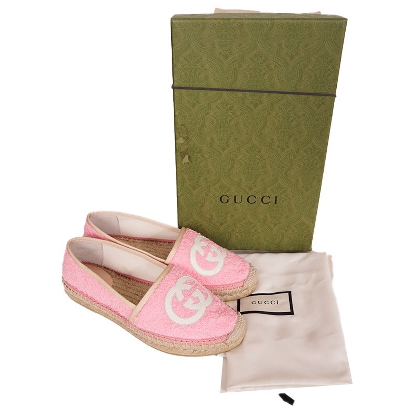 37.5 NEW $620 GUCCI Pink TERRY CLOTH Large GG LOGO Espadrille SUMMER FLATS NIB