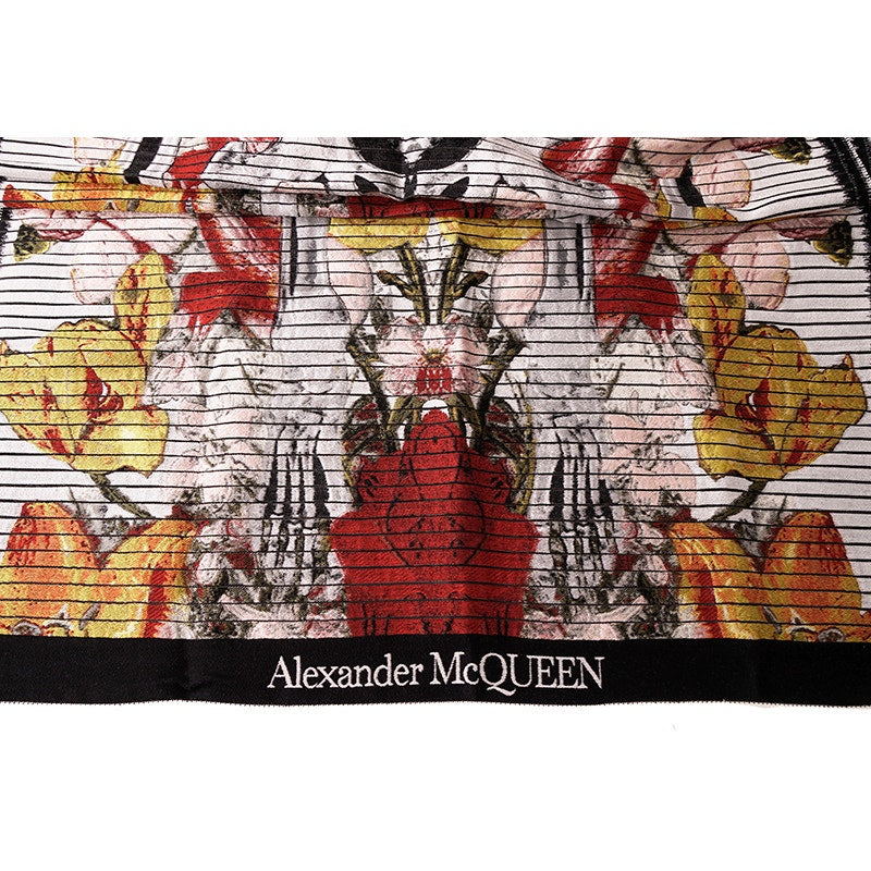 NEW $1450 ALEXANDER MCQUEEN Red, Orange Yellow SLICED SKELETON Wool Stole SCARF