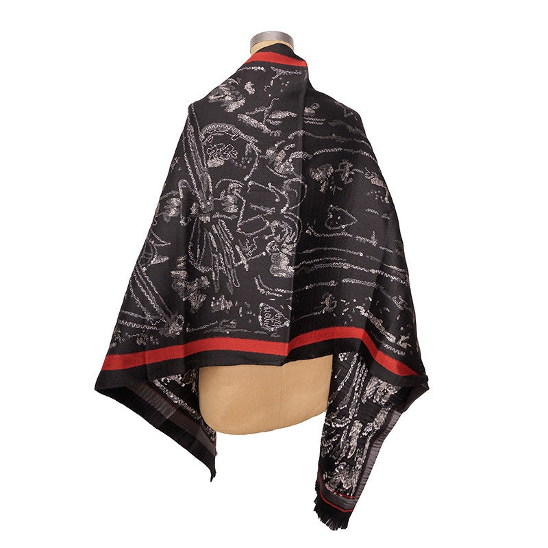 NEW $1,020 ALEXANDER MCQUEEN Black Wool Blend SKELETON GRAFFTI HEART Stole SCARF