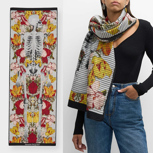 NEW $1450 ALEXANDER MCQUEEN Red, Orange Yellow SLICED SKELETON Wool Stole SCARF