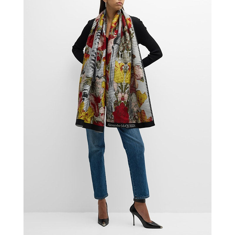 NEW $1450 ALEXANDER MCQUEEN Red, Orange Yellow SLICED SKELETON Wool Stole SCARF