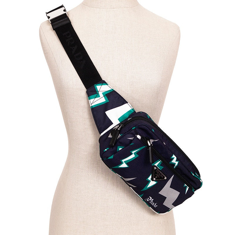 NEW $950 PRADA MEN Blue Frankenstein Thunderbolt Print PADDED NYLON Clutch BAG