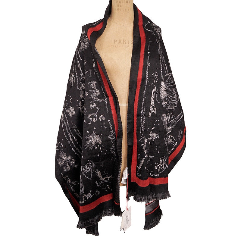 NEW $1,020 ALEXANDER MCQUEEN Black Wool Blend SKELETON GRAFFTI HEART Stole SCARF