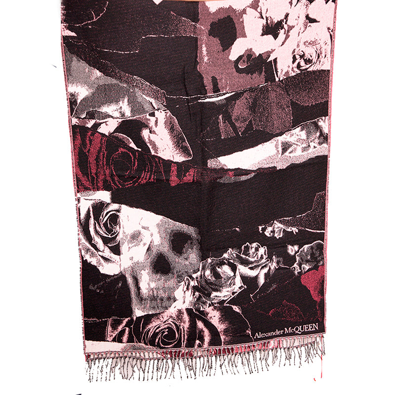 NEW $470 ALEXANDER MCQUEEN Pink & Black TORN ROSES SKULL 100% WOOL 80" SCARF