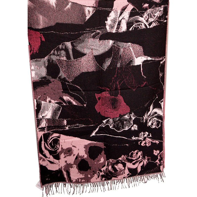 NEW $470 ALEXANDER MCQUEEN Pink & Black TORN ROSES SKULL 100% WOOL 80" SCARF