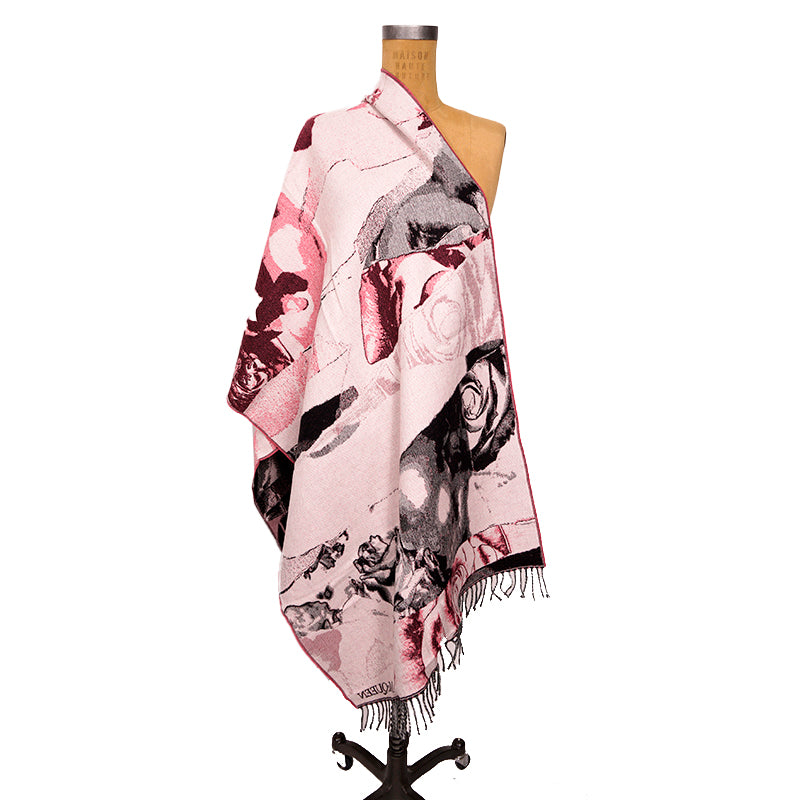 NEW $470 ALEXANDER MCQUEEN Pink & Black TORN ROSES SKULL 100% WOOL 80" SCARF