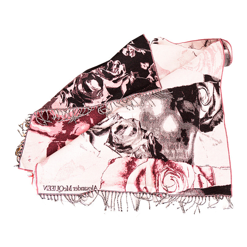 NEW $470 ALEXANDER MCQUEEN Pink & Black TORN ROSES SKULL 100% WOOL 80" SCARF